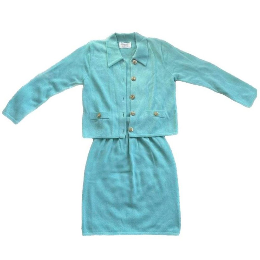 Vintage 70s / 80s knit two piece set, Turquoise blue color